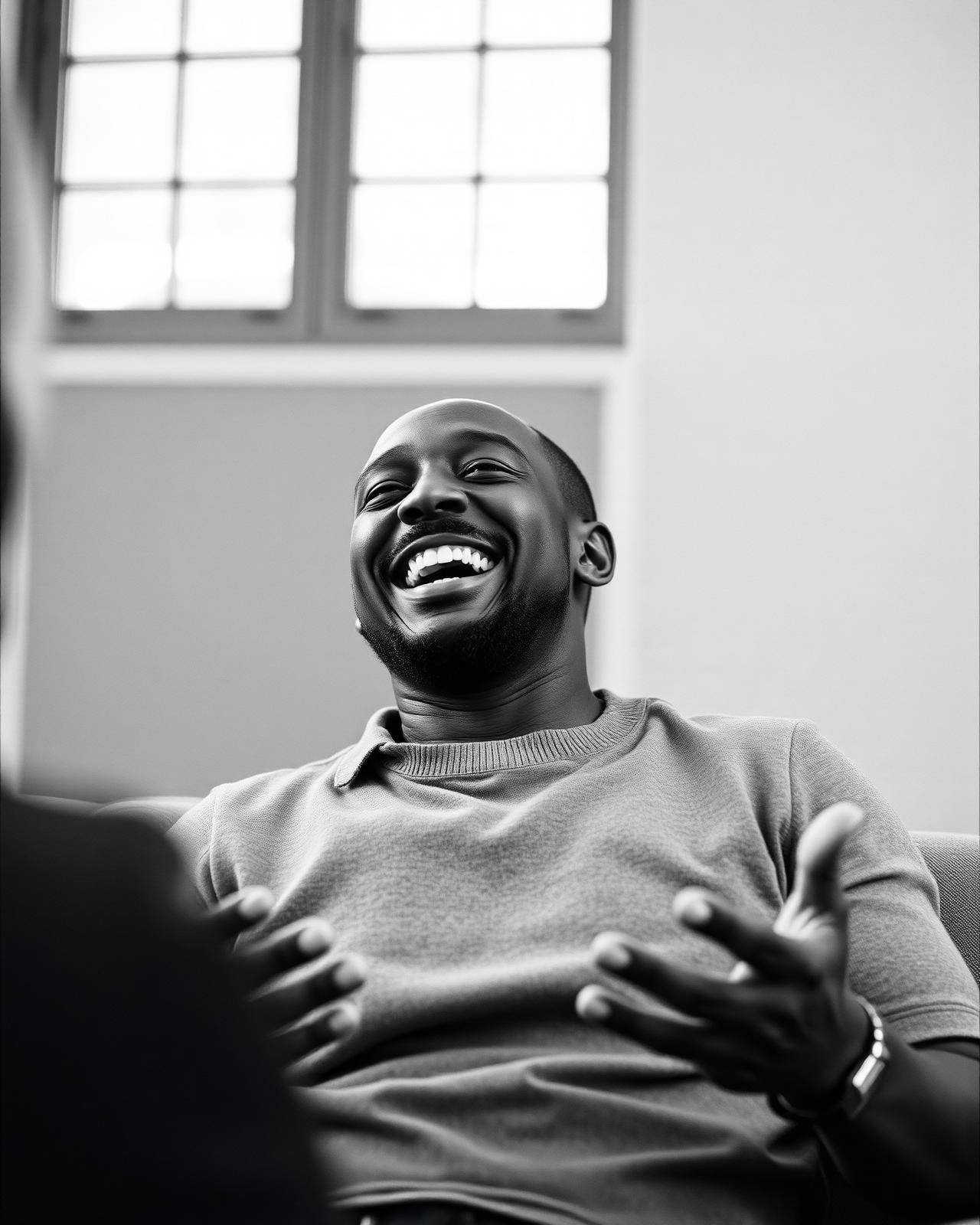 Sharif in conversation, black and white editorial