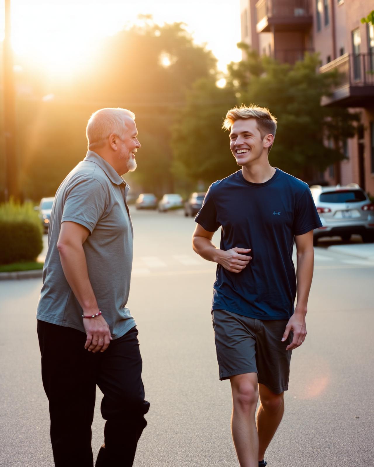 A father and his son walking together at golden hour
